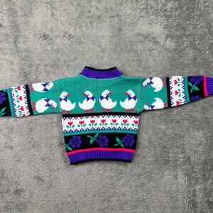 Vintage 90s Baby Toddler Knit Sweater Duck Goose Print 6-9 Months Floral Crew Nk